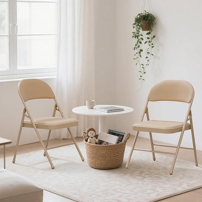 18 Pack Khaki Folding Chairs with Padded Cushion for Outside, Portable Stackable Commercial Metal Foldable Chairs with Steel Frame for Home Events Office Wedding Party, 350lbs Capacity