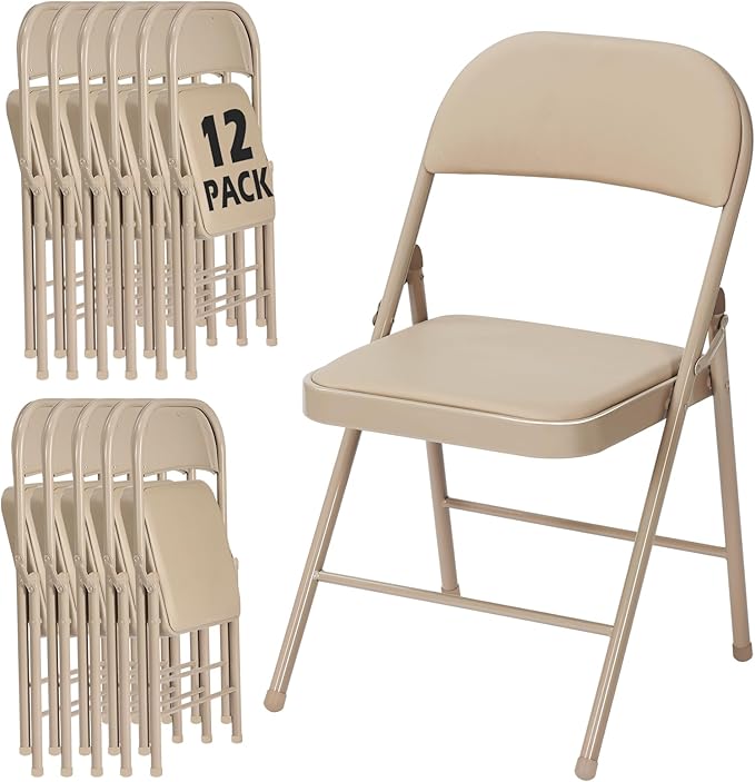 12 Pack Khaki Folding Chairs with Padded Cushion for Outside, Portable Stackable Commercial Metal Foldable Chairs with Steel Frame for Home Events Office Wedding Party, 350lbs Capacity