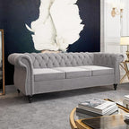 Chesterfield 3 Seater Sofa, Modern Velvet Tufted Couch 3 Seater with Rolled Arms and Nailhead Mid-Century Upholstered Couch for Living Room, Bedroom, Apartment and Office, Grey