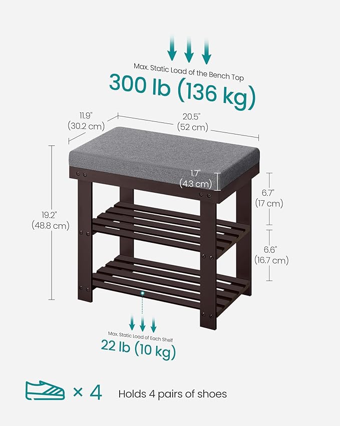 SONGMICS Bamboo Shoe Bench, 3-Tier Shoe Rack Organizer for Entryway, Living Room, Bench Seat Holds Up to 300 lb, 11.9 x 20.5 x 19.2 Inches, Rustic Walnut and Slate Gray ULBS504M01