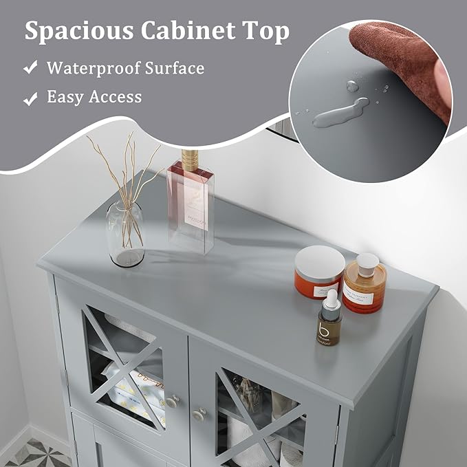 Giantex Bathroom Floor Storage Cabinet - Linen Floor Cabinet with Doors and Adjustable Shelves, Freestanding Side Storage Organizer for Bathroom, Living Room, Entryway, Kitchen Storage Unit (Grey)