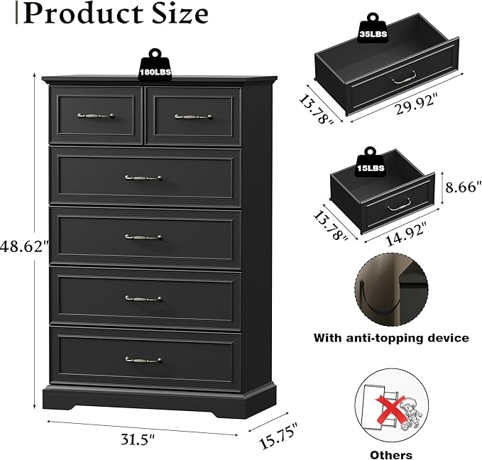 Farmhouse 6 Drawers Dresser for Bedroom, 49" Tall Modern Chest of Drawers with Deep Drawers & Bar Handles, Rustic Wood Dresser TV Stand, Wooden Closet Storage Organizer for Living Room, Hallway, Black