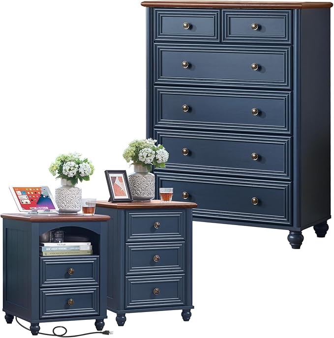 Farmhouse Dressers and Night Stand Set of 3, Wood 43.5'' Tall Dresser and 18'' Wide Chest of Drawers, Roman Column Nightstand Set of 2, Bedroom Furniture Dresser Suites for Living Room, Hallway, Home