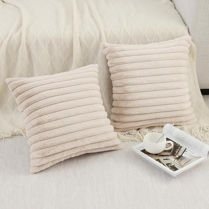 Pallene Faux Fur Plush Throw Pillow Covers 16x16 Set of 2, Luxury Soft Fluffy Striped Decorative Pillow Covers for Sofa, Couch, Living Room, Apricot