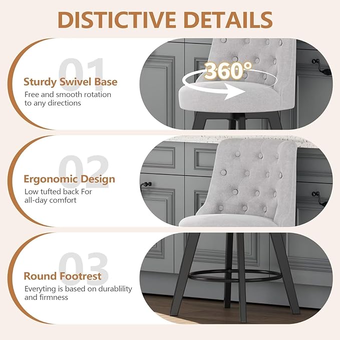 MINCETA Set of 4 Upholstered Bar Stools - 26 Inch Swivel Counter Height Stools with Low Tufted Back, Footrest & Performance Fabric - Round Seat for Kitchen Island & Home Bar Gray and Beige