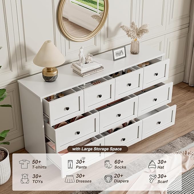 10 Drawer Double Dresser for Bedroom, 59.1" Wide Dressers & Chests of Drawers with Large Capacity Storage,White Dresser for Bedroom,Hallway,White