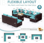 NICESOUL Modern Outdoor Couches with Firepit Table Propane/Natural Gas, 29.3'' High Back Comfy Conversation Set with Fireplace, 10 Seater Large Wide Patio Furniture Set, Brown Rattan and Teal Cushion