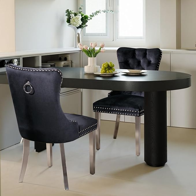 Velvet Upholstered Dining Chairs Set of 8, Modern Style Kitchen Side Chairs with Nailhead Trim and Silver Plated Leg, Metal Pulling Ring for Dining Room Living Room(Black)