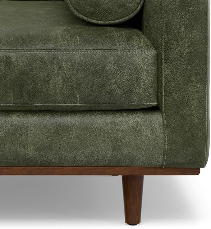SIMPLIHOME Morrison Accent Chair - 43 inch Wide Upholstered Top Grain Genuine Leather Mid-Century Modern Arm Chair with Solid Wood Frame in Moss Green, for Living Room with 2 Bolster Pillows