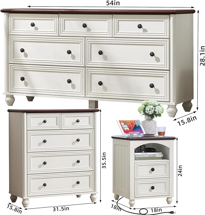 Farmhouse Dressers & Night Stand Set of 4, Wood 54" Wide Dresser & 35" Tall Chest of Drawers, 18" with Charging Station Nightstand Set of 2, Bedroom Furniture Dresser Set for Home Living Room Hallway
