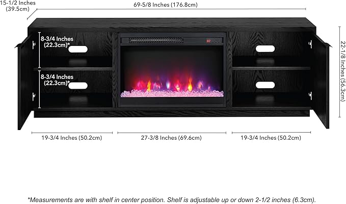 Henn&Hart Rectangular TV Stand with 26" Crystal Fireplace for TV's up to 78" in Black Grain, for Home, Living Room, Bedroom, Entertainment Room, Office
