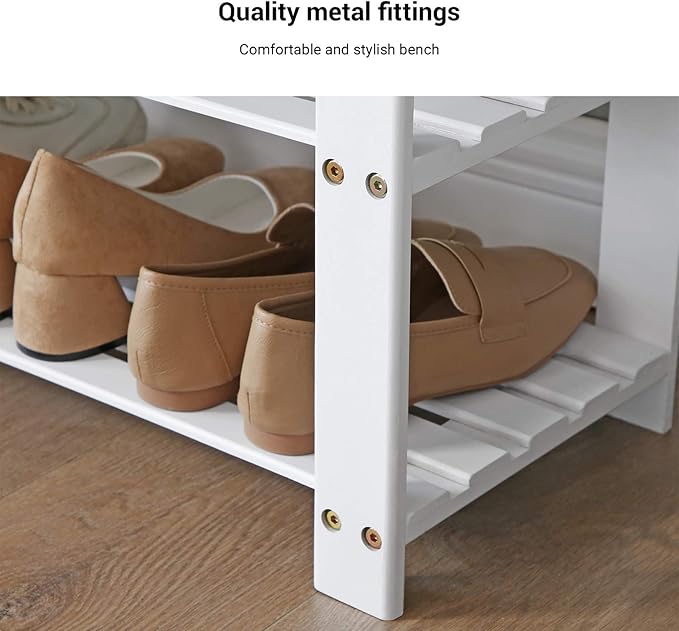 SONGMICS Bamboo Shoe Bench, 3-Tier Shoe Rack Organizer for Entryway, Living Room, Bench Seat Holds Up to 300 lb, 11.9 x 28.3 x 19.2 Inches, Cloud White and Slate Gray ULBS604W01