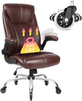Big and Tall Office Chair for Heavy People, Executive Desk Computer Chair Adjustable Flip-up Armrests, PU Leather Swivel Task Chair with Ergonomic High Back and Lumbar Support（Brown