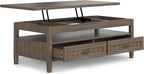 SIMPLIHOME Lev Lift Top Coffee Table - 48 inch Wide Solid Wood Rectangle Living Room Table in Smoky Brown, Transitional Cocktail Table for Family Room with Hidden Storage and Open Shelf