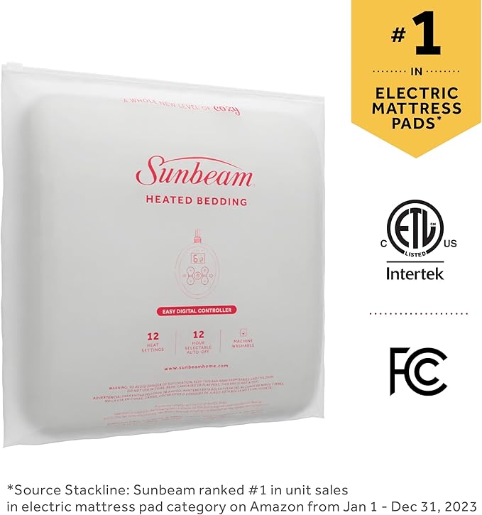 Sunbeam Premium Quilted Electric Heated Mattress Pad, 54" x 75", 12 Heat Settings, 12-Hour Selectable Auto Shut-Off, Warmth for Restful Sleep, Machine Washable, White