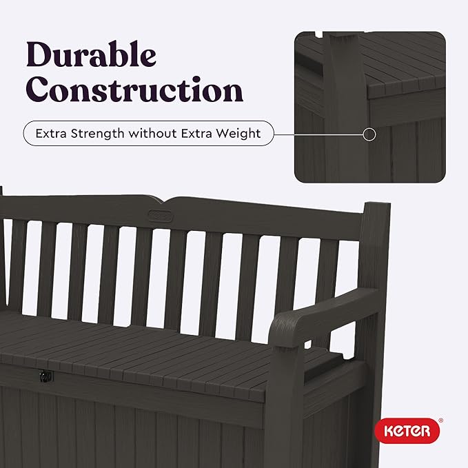 Keter Solana 70 Gallon Storage Bench Deck Box for Patio Furniture, Front Porch Decor and Outdoor Seating – Perfect to Store Garden Tools, Brown/Brown