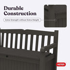 Keter Solana 70 Gallon Storage Bench Deck Box for Patio Furniture, Front Porch Decor and Outdoor Seating – Perfect to Store Garden Tools, Brown/Brown