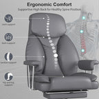 Big and Tall Office Chair, Executive Home Office Desk Chair, Comfy Leather High-Back Reclining Computer Chair with Retractable Footrest and Padded Arms, 360°Swivel Rolling Wheels, Wide Seat, Gray