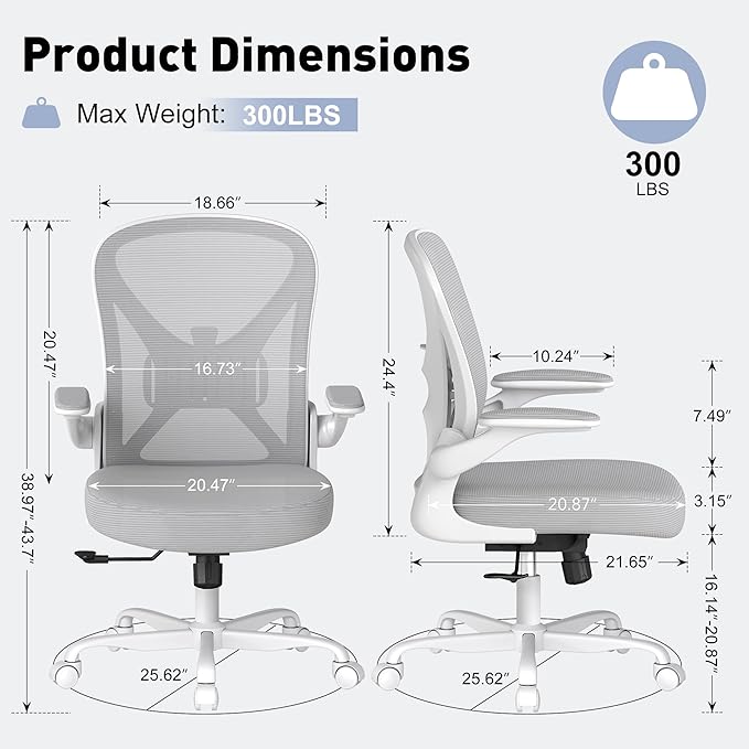 ZZH Ergonomic Office Chair Set of 4 with Adjustable Lumbar Support, Mesh Home Office Desk Chair with Wheels and Flip-up Arms, Grey