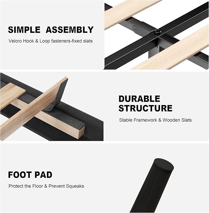 Queen Size Bed Frame with Fabric Upholstered Headboard, Platform Bed with Wooden Slats Support, Fully Mattress Foundation, Box Spring Optional, Easy Assembly