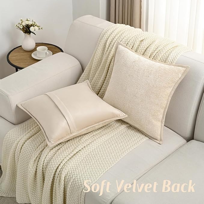 FUTEI Beige Chenille Throw Pillow Covers 12x20 Inch Set of 2,Soft Cozy Bound Edge Design Lumbar Pillow Cases,Home Decor for Couch Bed Living Room