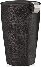 Tea Forte Double-Walled Ceramic Kati Cup, Removable Stainless Steel Infuser Basket and Lid, Steeps 12 oz Loose Leaf Tea, Dishwasher & Microwave Safe, Noir