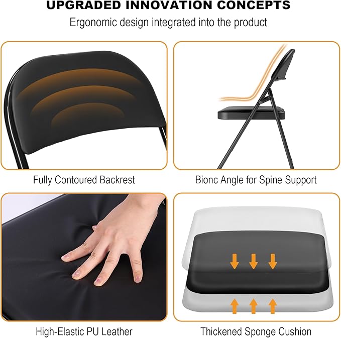 18 Pack Black Folding Chairs with Padded Cushion for Outside, Portable Stackable Commercial Metal Foldable Chairs with Steel Frame for Home Events Office Wedding Party, 350lbs Capacity