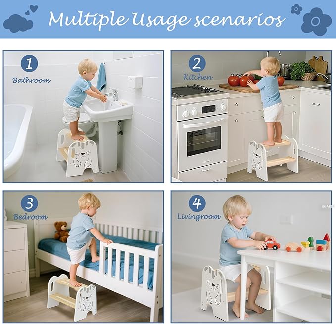 Wooden Step Stool - Two Step Stools Toddler 250 lbs Capacity with Safety Non-Slip Pads - Potty Training Stool for Bathroom Sink, Bedroom, Kitchen Dual Height Step Stools for Kids(Cat|White)