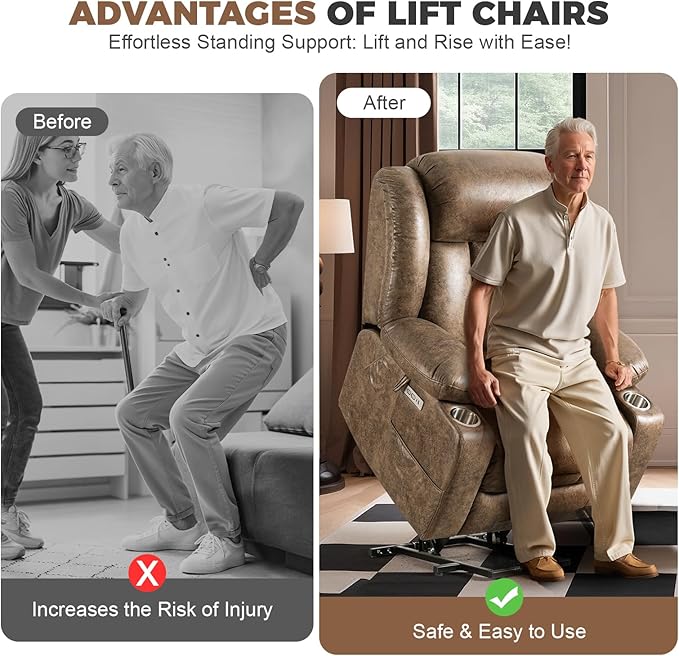 HUSFU Oversized Power Lift Recliner Chair with Massage and Heat for Elderly, Electric Leather Recliner with 2 Cup Holders, Side Pocket and USB Port,Brown