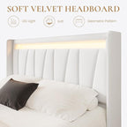 SHA CERLIN Queen Bed Frame with Charging Station and LED Lights, Modern Velvet Platform Bed with Upholstered Geometric Wingback Headboard, No Box Spring Needed, Easy Assembly, White