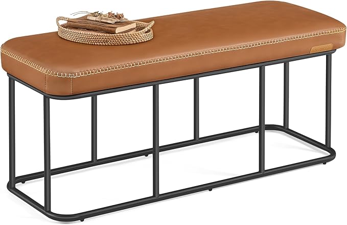 VASAGLE EKHO Collection - Storage Bench for Entryway, Ottoman Bench with Steel Frame, 43.3-Inch Wide, Synthetic Leather, Living Dining Room, Mid-Century Modern, Loads 660 lb, Caramel Brown ULOM085K01