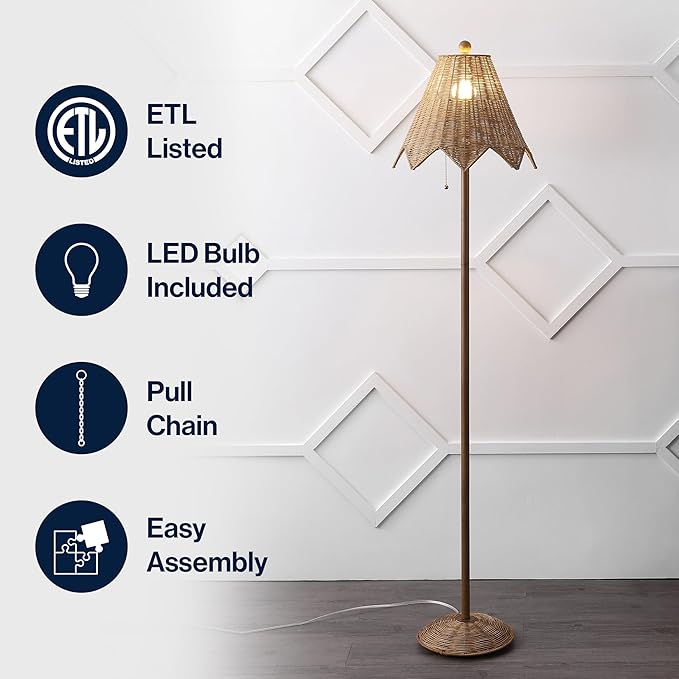JONATHAN Y JYL5501A Tybee 60.5" Traditional Coastal Rattan Scalloped LED Floor Lamp Minimalist, Shabby Chic, Classic, Cottage, Bedroom, Living Room, Entryway, Office, Dining Room, Natural Brown
