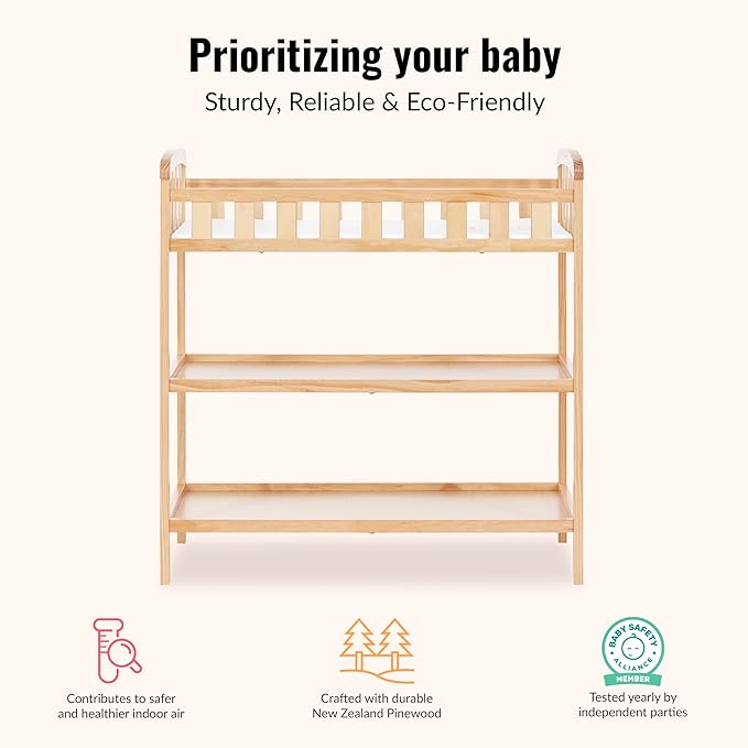 Dream On Me Emily Changing Table, Compact and Portable, Solid New Zealand Pinewood, Safety Rails, Two Storage Shelves, Includes Water-Resistant 1" Changing Pad — Natural