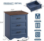 Blue Nightstand with Charging Station, 19.7" Farmhouse End Table with 3 Drawers Storage, Bedside Table with Brushed Metal Handles, Unique Base Design, 3 Drawer Dresser for Bedroom, Living Room