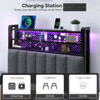 VINGLI Twin or Twin XL Size Headboard, Adjustable Upholstered Headboard with 3 Tier Shelves and Pegboard with Charging Stations and LED Lights, Modern Bed Headboard with Storage for Bedroom Decor