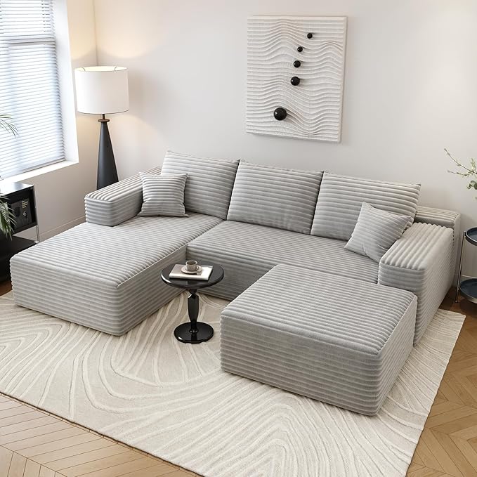 107.5" Cloud Sectional Couch with 1 Ottoman,Modern Modular Sofa with Deep Seat, Comfort U Shaped Sofa Couches for Living Room Bedroom Apartments,No Assembly Required, (Grey,Left Facing Chaise)