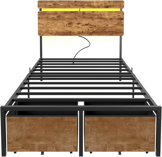 Forestell Twin Bed Frames with Wood Headboard, Metal Platform Bed with 2 Storage Drawers & Shelf, Built in Charging Station & LED Lights, No Box Spring Needed, Vintage Brown, Camas Twin Size