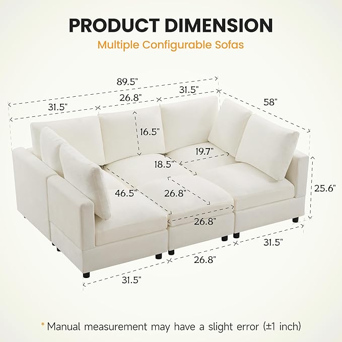 Modular Sectional Cloud Sofa Bed, 6-Seater Convertible Sofa Couch with Ottoman, Modern Deep Seat Sleeper Sofa for Living Room, Chenille Beige