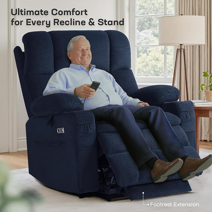 Tami Tami Dual Motor Power Lift Chair Recliner for Elderly with Massage and Heat, Infinite Position Electric Lift Recliner with Adjustable Headrest, USB (T6015 - Plush Fabric, Navy Blue, Oversized)