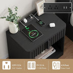 Fluted Nightstand with Charging Station, 23.6" End Table with Solid Wood Handle, Curved Profile Design, Mid Century Moden Bedside Table for Bedroom, Black