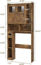 Vabches Over The Toilet Storage Cabinet, Bathroom Shelf Over Toilet with Glass Doors and Adjustable Shelves, Brown Freestanding Home Space Save Toilet Rack, for Restroom, Bathroom, Laundry