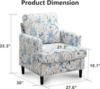 Mid-Century Accent Chair,Modern Linen Fabric Armchair for Living Room,Comfy Upholstered Reading Accent Chairs for Bedroom,Single Sofa Chair with Wood Legs (Blue Flowered Bird, 1 Pack)