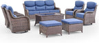 Swivel Patio Chairs sofa Set of 8 with 6" Thick Cushion - Wicker Outdoor Swivel Rocker Patio Chair ,Sofa/Glass coffee table, High Back Comfortable Outdoor Glider Chairs - Brown Wicker - Blue Cushions