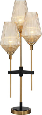 Possini Euro Design Axiom Modern Console Table Lamp 39" Tall Brass Gold Black Metal Champagne Ribbed Glass Shade for Bedroom Living Room House Home Bedside Nightstand Office Entryway Kids Family