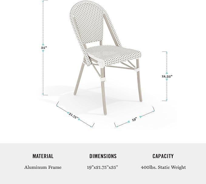 Martha Stewart Lily Pond Indoor-Outdoor Stackable Aluminum Bistro Chair with Gray Woodgrain Frame Finish and White/Gray Woven Rattan Backrest and Seat