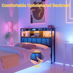 Unikito Headboard for Full Size Bed Frame, Upholstered Head Board with Outlets, USB Ports and LED Light, Comfortable Leather Headboards with Storage Shelf, Sturdy Full Bed Headboard Only, Black Oak