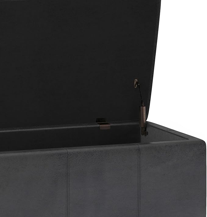 SIMPLIHOME Kingsley 48 inch Wide Transitional Rectangle Large Storage Ottoman in Distressed Black Vegan Faux Leather, Assembled for the Living Room, Entryway and Family Room