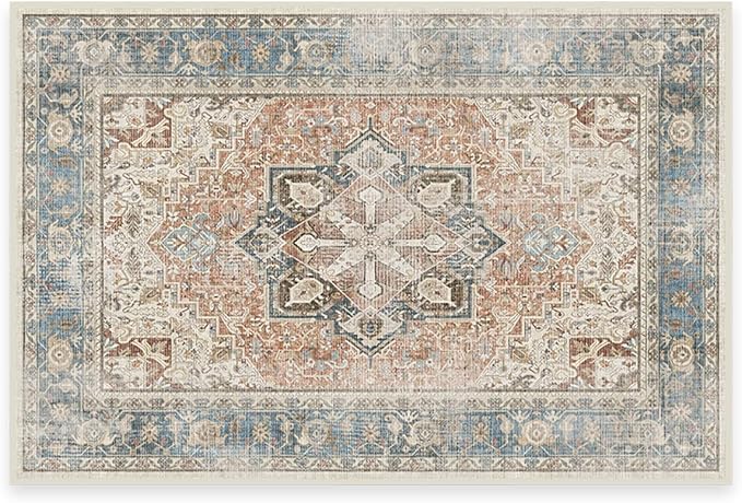 RUGGABLE Washable Vintage Area Rug – Kamran Coral 2x3, Stain-Resistant, Non-Slip – Small Machine Washable Rugs for Living Room, Bedroom, Hallway, Entryway & Bathroom–with Cushioned Pad