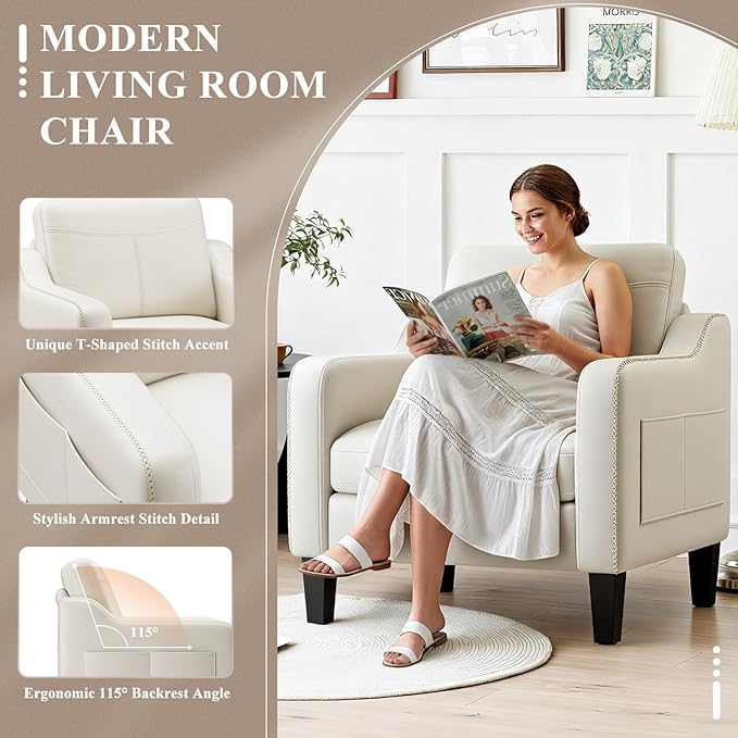 PU Leather Accent Chair Set of 2, Mid-Century Modern Living Room Armchair Sofa with Removable Cushions, Solid Wood Frame & Stitched Armrest Design, Bedroom Chair with Plastic Legs, Beige