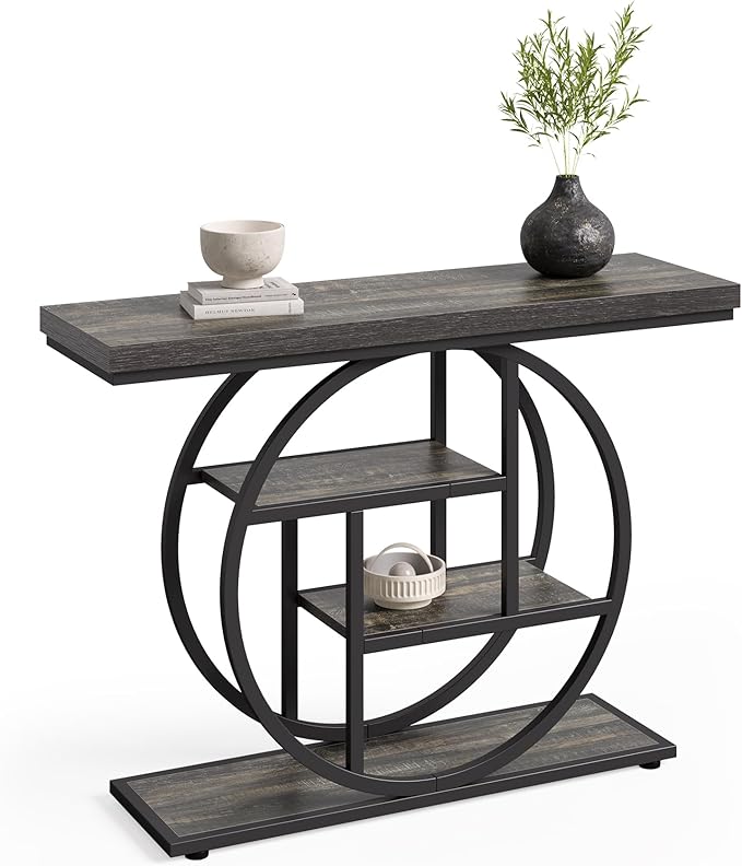 LITTLE TREE Console Table, 4-Tier Entryway Table, 41.3-Inch Industrial Sofa Table for Living Room, Foyer Hallway Table for Entrance, Deep Grey and Black